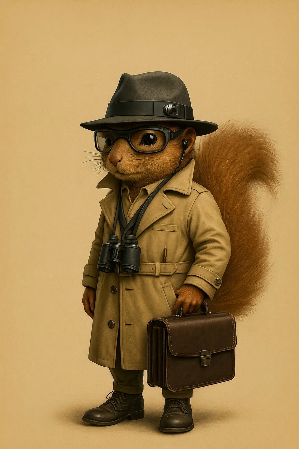 Sneak Spice, the surveillance guru, in a long beige trench coat and fedora.